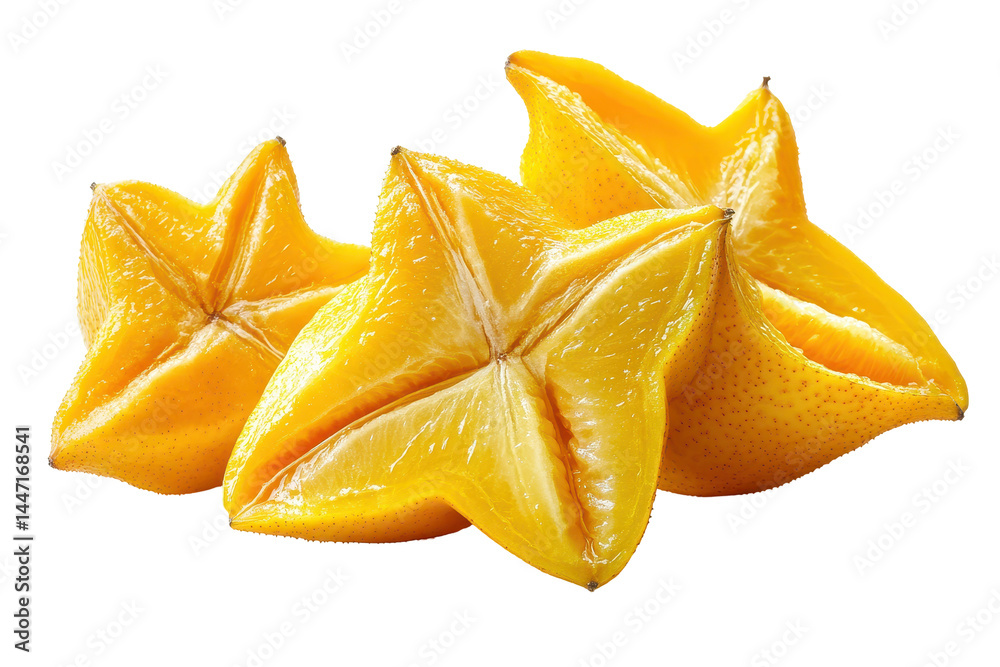 Close-up image of three sliced star fruits arranged against a dark background. Their vibrant yellow color and distinct star shape are highlighted. Close-up image of three sliced star fruits arranged against a dark background. Their vibrant yellow color and distinct star shape are highlighted.