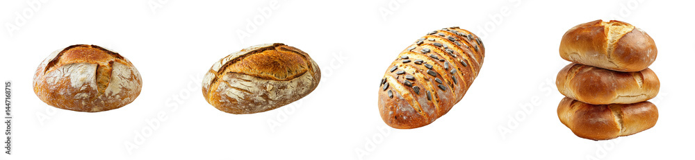 Assortment of fresh baked breads, various shapes and styles. cut out transparent Assortment of fresh baked breads, various shapes and styles. cut out transparent