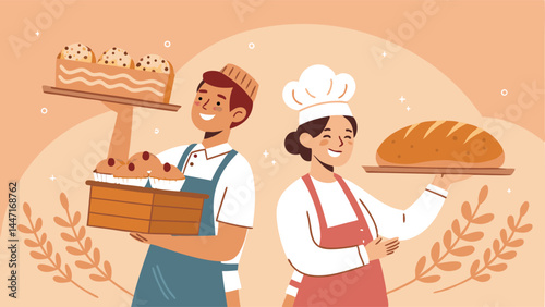 Design a vibrant vector ad banner showcasing happy bakers proudly presenting trays of freshly baked bread.  Include realistic bread textures and warm, inviting colors.