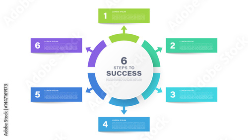 Six parts circle diagram infographic template with six steps or options. Colored infographic elements with space for data
