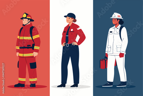 Create a vibrant vector illustration of a firefighter, police officer, and paramedic working together in an emergency response scenario.  Focus on dynamic poses and detailed uniforms.