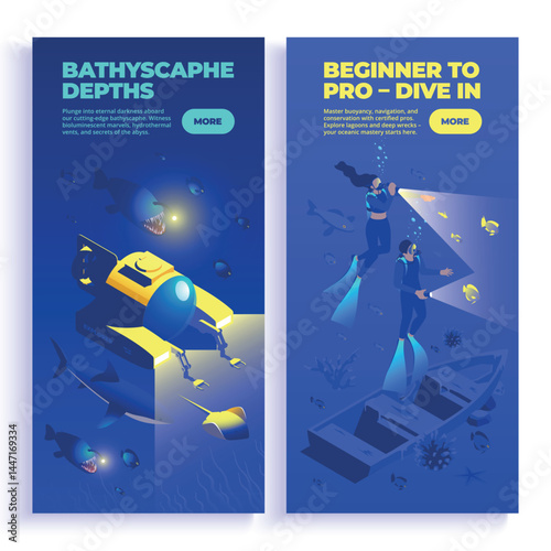 Adventure Diving Isometric Vertical banner set