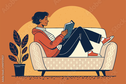 Create a vector illustration of a person engrossed in reading a book, seated comfortably, against a clean, minimalist background.  Focus on a peaceful and contemplative mood.