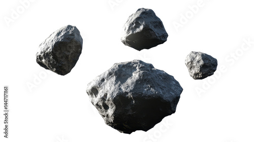 Floating Asteroids in Space with Detailed Texture and Dynamic Formation Against a Dark Background