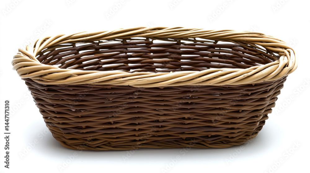 Obraz premium Woven rattan basket rectangular shape brown and beige color empty isolated on white background rustic style used for storage or harvest natural material