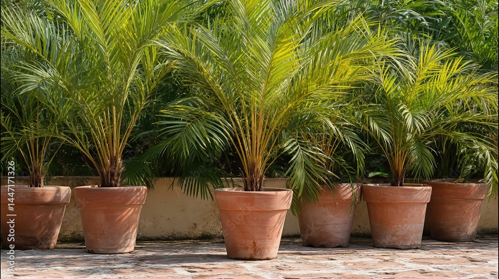 Tropical palm trees in terracotta pots stand under the sun, their lush green leaves contrasting beautifully with the earthy brown trunks.
Tropical palm trees in terracotta pots stand under the sun, their lush green leaves contrasting beautifully with the earthy brown trunks.