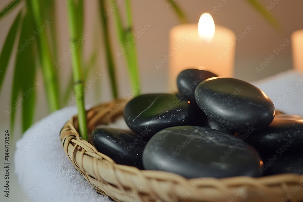 Fototapeta premium Smooth, dark stones nestled in a woven basket, promising serenity and relaxation near a softly glowing candle, creating a tranquil spa ambiance.