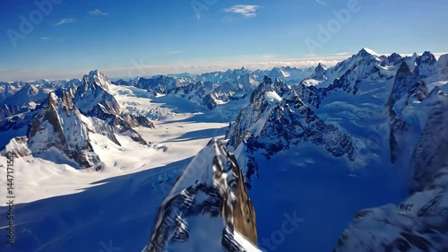 Breathtaking Aerial View of Majestic Snow-Covered Mountains and Glaciers under Clear Blue Sky