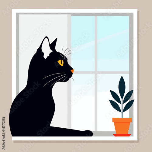 Black_Cat_Looking_Out_Window_Cute_Pet_Artwork_Minimalist_Animal_Illustration_Potted_Plant_Modern_Home_Decor_Simple_Cat_Design_Elegant_Cat_Art_Window_View_Scene
