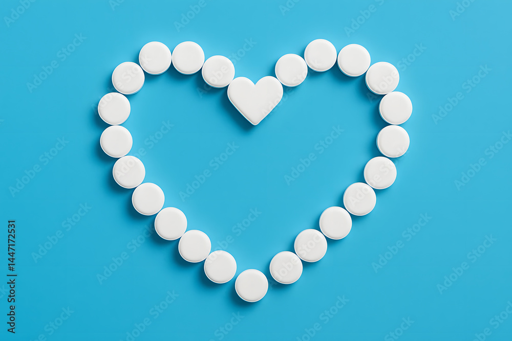 Obraz premium Heart-shaped pills on blue background