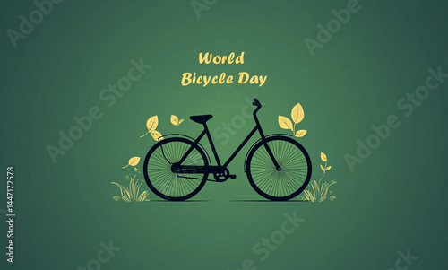 Minimalist poster with a bicycle silhouette and eco icons like leaves, sun, and wind - green transport theme.