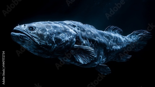 Ancient Koelacanth fish swims deep in the ocean, revealing dense scales like living fossils