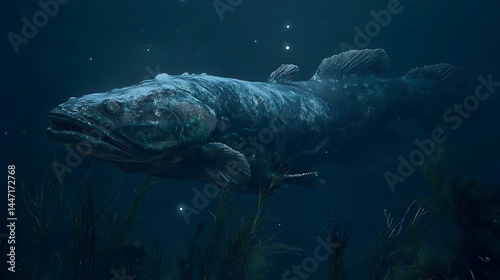 Ancient Koelacanth fish swims deep in the ocean, revealing dense scales like living fossils