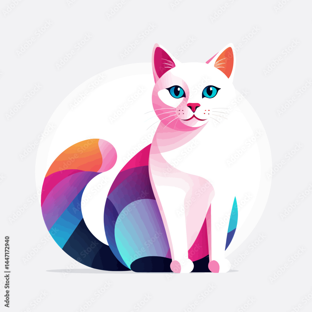 Obraz premium Colorful_Cartoon_Cat_Illustration_Cute_White_Cat_with_Rainbow_Tail_Modern_Cat_Art_Digital_Artwork_Adorable_Feline_Drawing_Playful_Cat_Image_Unique_Cat_Design