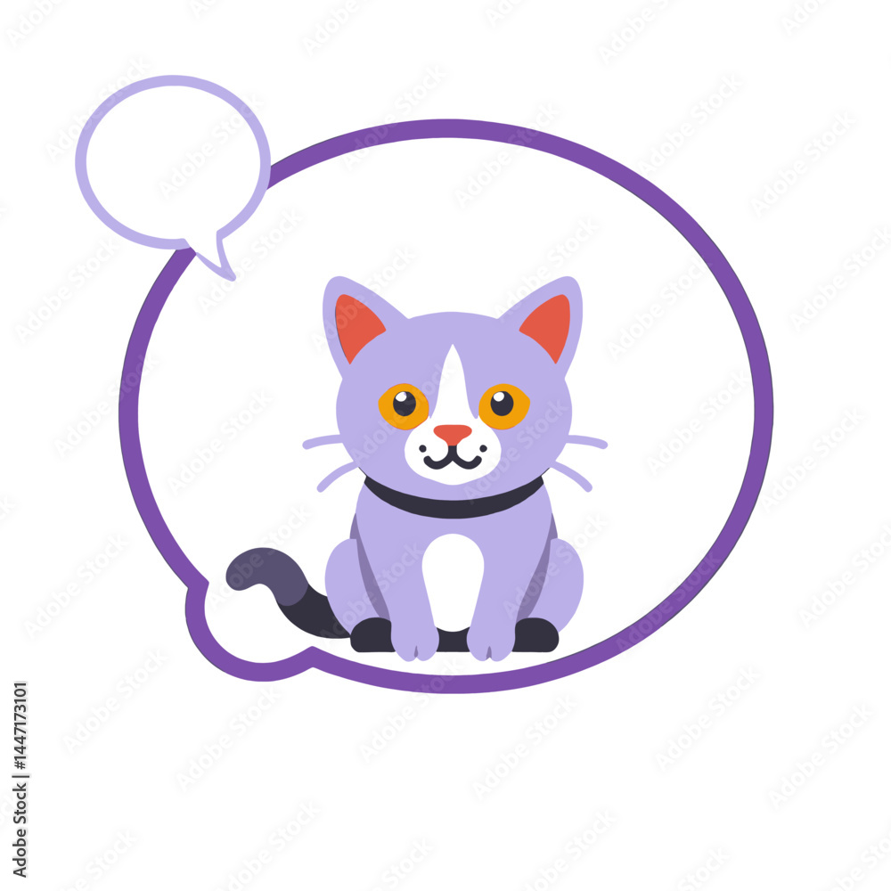 Fototapeta premium Cute Cartoon Cat Illustration_Purple Pet with Speech Bubble_Vector Graphic for Kids_Animal Character Art_Adorable Kitty Design_Fun Clipart for Children_Playful Cat Image
