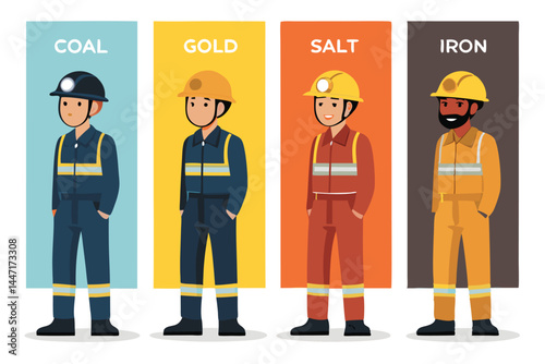 Create a vector character sheet showcasing diverse mine types coal, gold, diamond, salt, and iron mines, each with unique visual characteristics and personality.