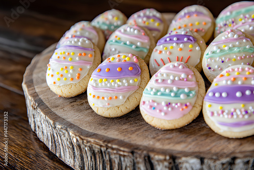 Festive Easter cookies and brightly colored eggs arranged on rustic wooden background with selective focus for a cozy holiday atmosphere photo