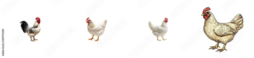 Fototapeta premium Farm poultry showing variety of chicken species. cut out transparent