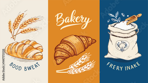 Create a vibrant vector banner ad for a bakery featuring oversized, delicious-looking pastries and bread.  Include a playful and appetizing design.
