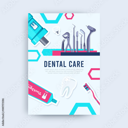 Vector illustration of dental clinic banner with various professional dental tools surrounding a clean layout. Ideal for healthcare flyers, dental promotions, and oral hygiene awareness designs