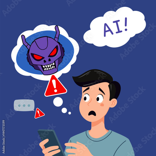 A worried person looking at a demonic robot head labeled "AI!" with warning signs around.
