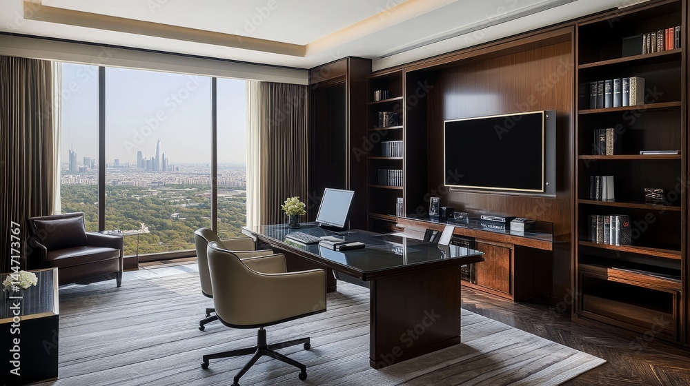 Modern executive suite featuring wide-angle window, large desk with monitor, and dark wood bookcases