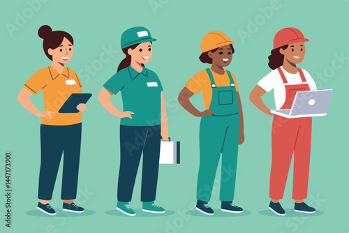 Create a vector flat art illustration of a female delivery rider who is also a janitor, showcasing her dual roles in a vibrant and modern style.