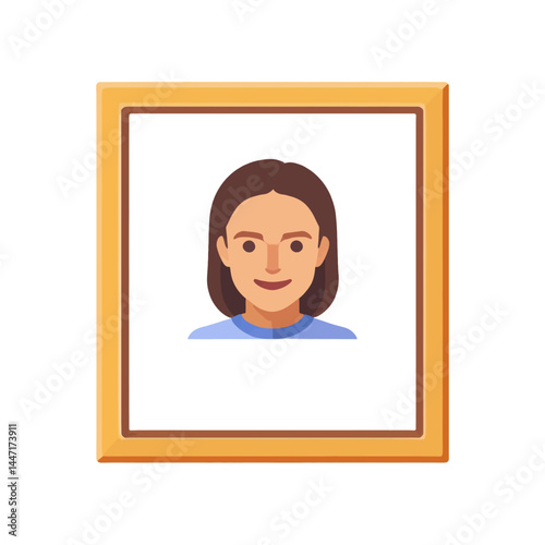 Framed_Portrait_Illustration_Smiling_Woman_in_Blue_Shirt_Wooden_Frame_Cartoon_Character_Image_of_Female_Brown_Hair_Portrait_Art_for_Home_Decor