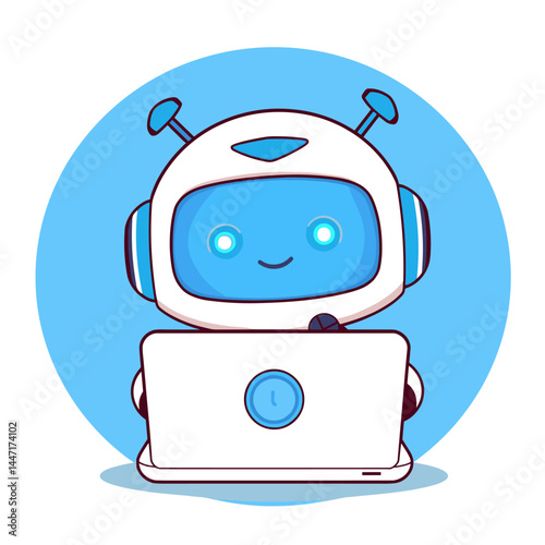 A cute robot head appearing from behind a laptop screen, suggesting artificial intelligence assistance or a chatbot interface.