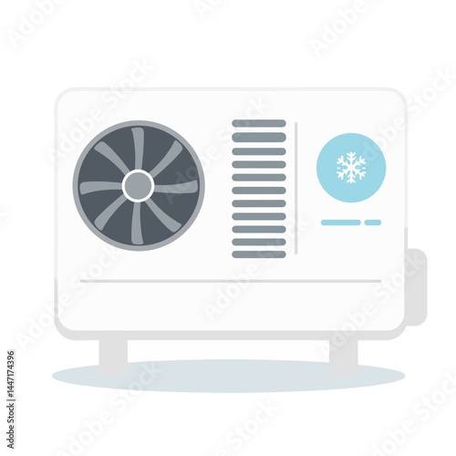 An illustration of an outdoor air conditioning unit with a fan and vents.