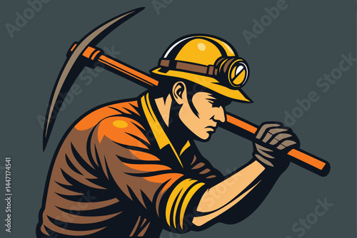 Create a detailed vector illustration of a hardworking miner, complete with helmet, pickaxe, and rugged clothing, set against a dark mine shaft background.