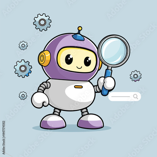 A cute robot holding a magnifying glass over a search bar, with gears and stars around it.
