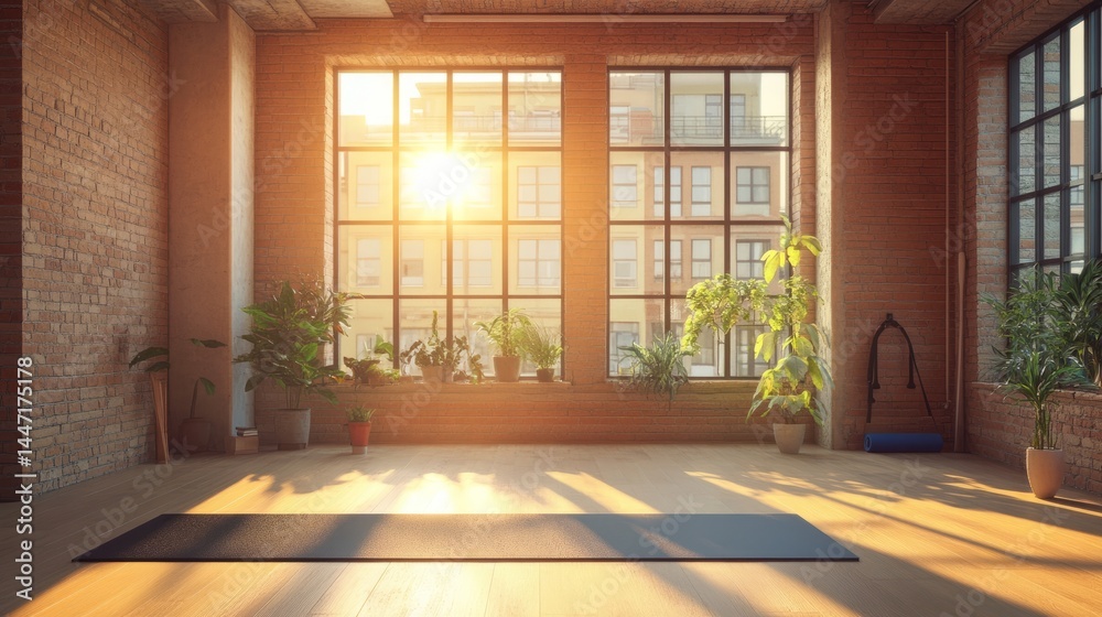 Fototapeta premium Open, stylish living space in loft with big windows, early morning sunlight and yoga mat ready for home fitness routine