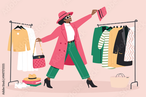 Create a vector illustration of a stylish fashion influencer showcasing a new clothing line, posing confidently, showcasing trendy apparel and accessories.
