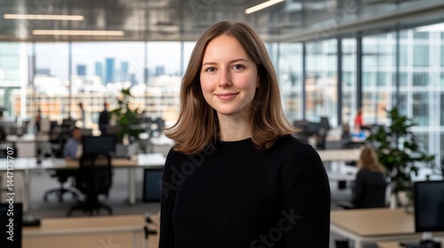 Confident young woman stands in an office, smiling at the camera while her professional team is subtly visible behind her in a well-lit workspace Free Download Confident young woman stands in an office, smiling at the camera while her professional team is subtly visible behind her in a well-lit workspace - GFXLoad