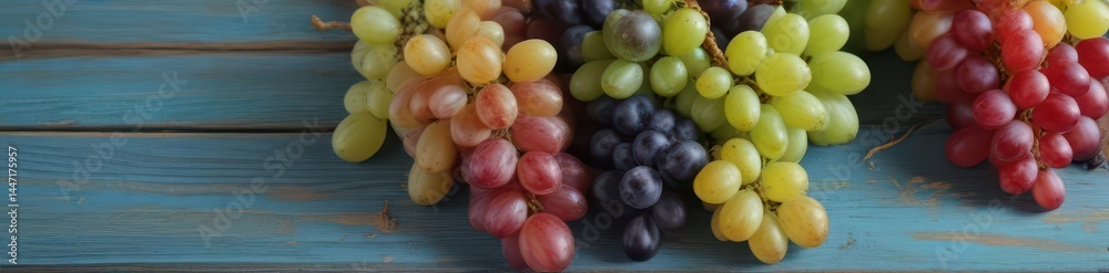 A cluster of colorful bunches of grapes on a rustic blue wooden table , purple, overhead, food A cluster of colorful bunches of grapes on a rustic blue wooden table , purple, overhead, food
