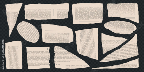 Rip torn paper collection. Old gazettes piece. Trendy retro vintage newspaper cut set, notebook sheet, y2k elements for sticker, grunge texture, collage, poster. Isolated Vector illustration.