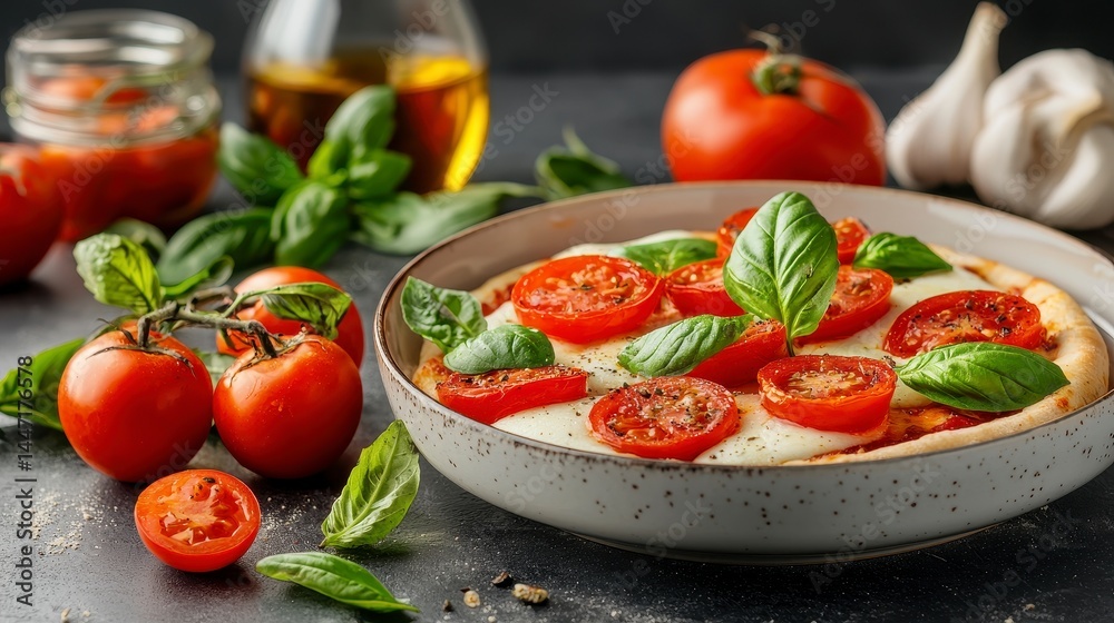 Freshly Baked Margherita Pizza with Basil and Cherry Tomatoes on a Dark Kitchen Table Freshly Baked Margherita Pizza with Basil and Cherry Tomatoes on a Dark Kitchen Table