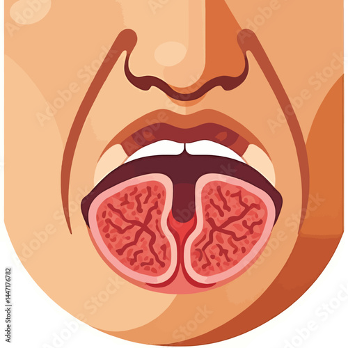 Tongue Anatomy Illustration_Human Mouth Close Up_Detailed View of Lingual Veins and Taste Buds_Medical Diagram of Human Oral Cavity Structures_Educational Image of Tongue Health