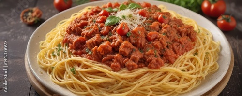 Aromatic spaghetti bolognese, vibrant tomato sauce clinging to pasta, parmesan dusting the rich meaty dish,  bolognese,  food, spaghetti