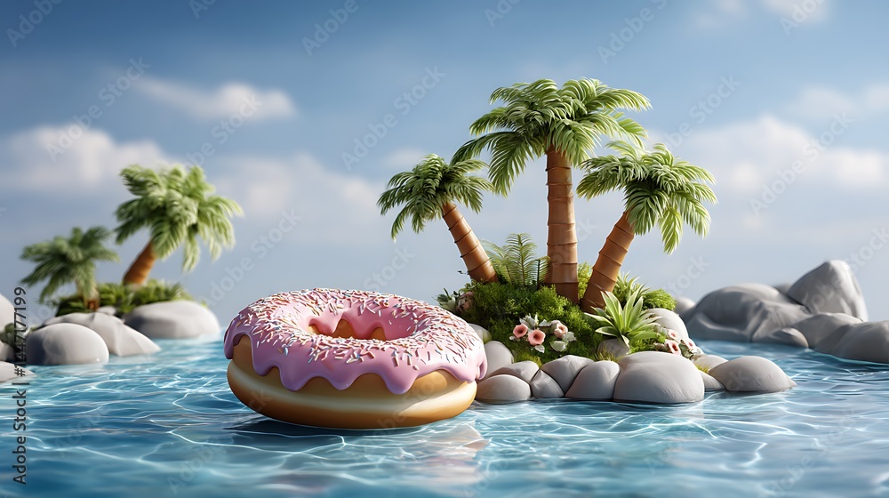 Obraz premium Tropical pool cartoon with donut float 3d beach resort illustration ocean vibe soft light scene