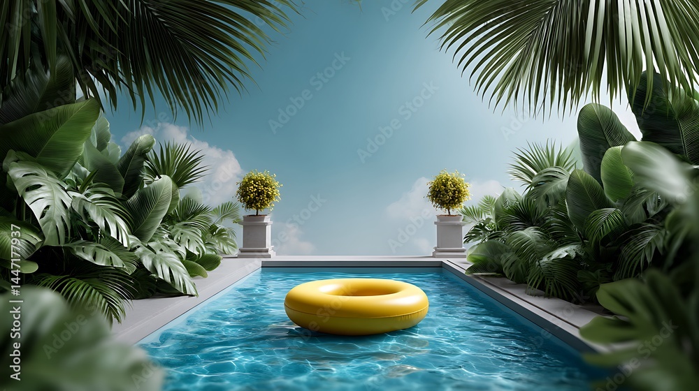 Obraz premium Tropical pool cartoon scene with inflatable donut float 3d beach resort illustration soft light tropical vibe