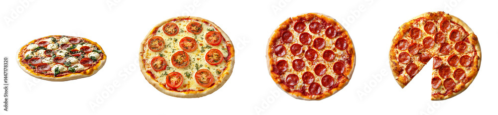 Four appetizing pizzas with various toppings displayed. cut out transparent Four appetizing pizzas with various toppings displayed. cut out transparent