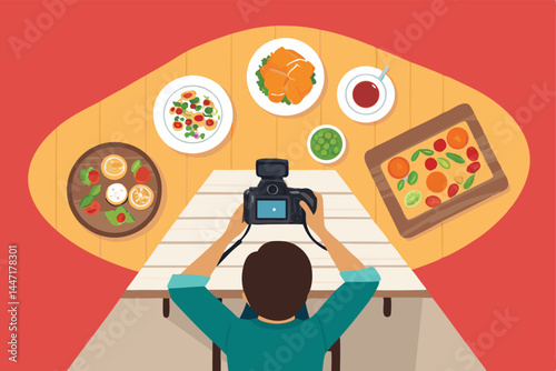 Overhead vector illustration of a food vlogger filming a vibrant, appetizing dish from a bird's-eye view; showcasing flat lay food photography style.