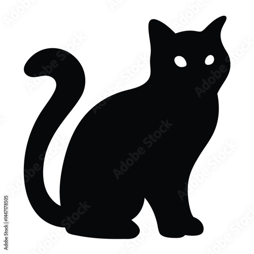 A minimalistic, vector  stylized black cat silhouette with a curled tail sitting calmly
