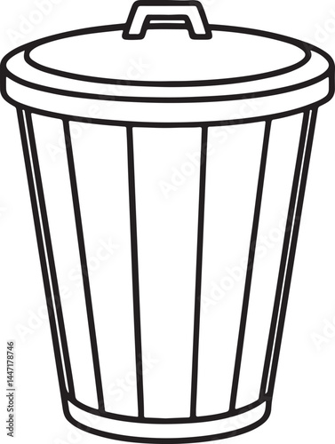 trash can line art, black outline, vector and illustration, coloring book page line art drawing