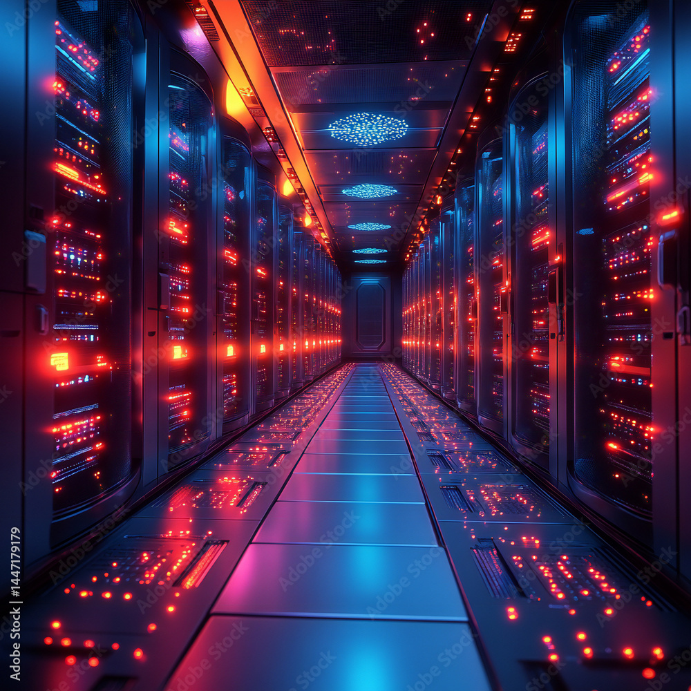 Fototapeta premium A glowing data center filled with servers and AI-driven systems processing vast amounts of information