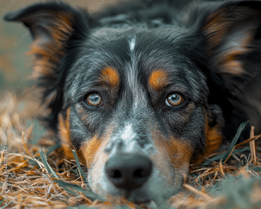A dog lying down on a patch of grass, its eyes distant and filled with sorrow, with soft, muted colors in the background A dog lying down on a patch of grass, its eyes distant and filled with sorrow, with soft, muted colors in the background