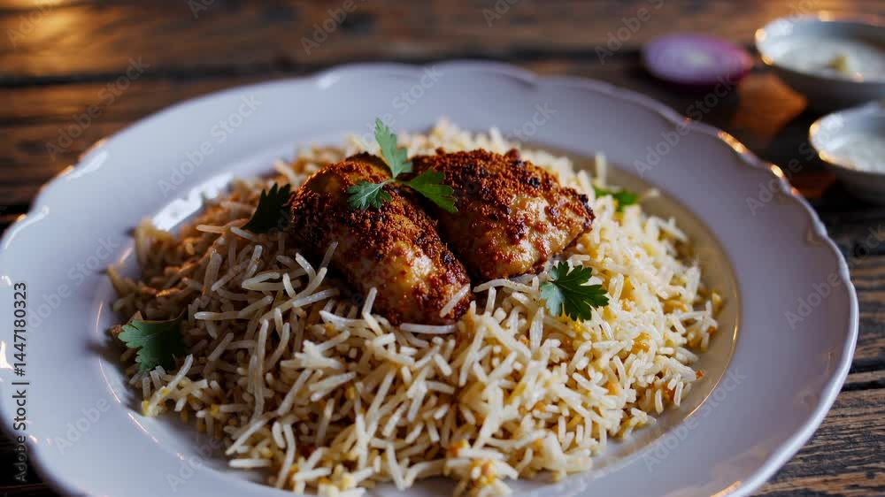 Close-up video shot of a plate with seasoned chicken on rice, set on a rustic wooden table with soft candlelight in the background.Live desktop wallpaper. Close-up video shot of a plate with seasoned chicken on rice, set on a rustic wooden table with soft candlelight in the background.Live desktop wallpaper.