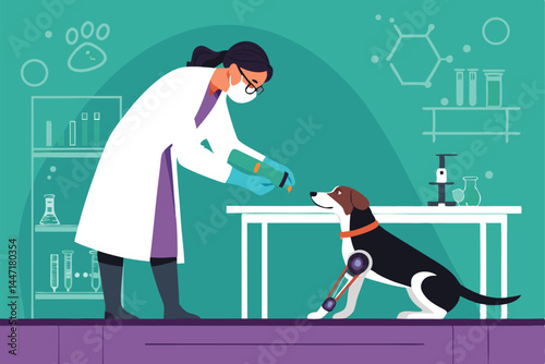 A veterinarian carefully fits a 3D-printed prosthetic limb onto an injured animal, showcasing advanced veterinary technology and compassionate care.
